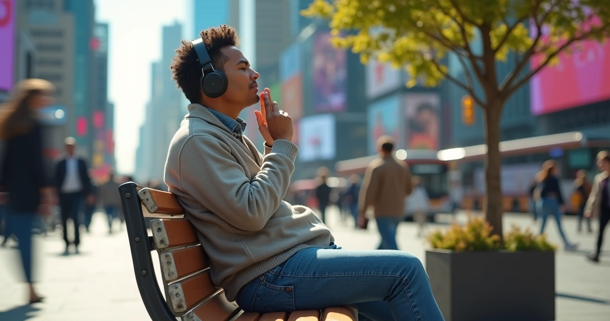 Adulto autista com fones em rua movimentada controlando estímulos sensoriais