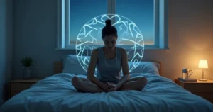 Adulto sentado na cama à noite cercado por pensamentos circulares luminosos