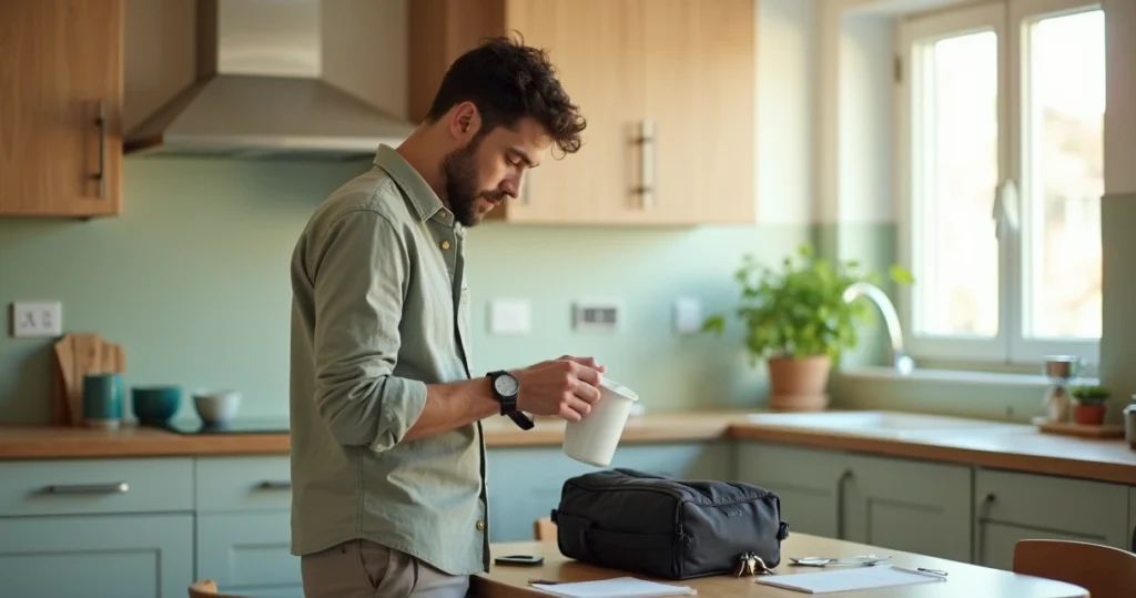 Adulto em cozinha arrumada preparando café da manhã com expressão tensa e olhar distante