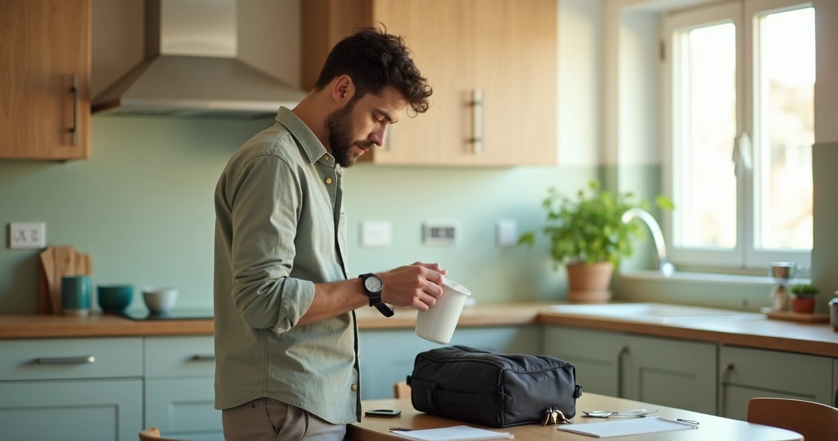 Adulto em cozinha arrumada preparando café da manhã com expressão tensa e olhar distante