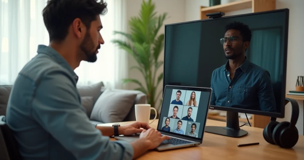 Profissional em reunião online aparentando calma enquanto o reflexo mostra tensão