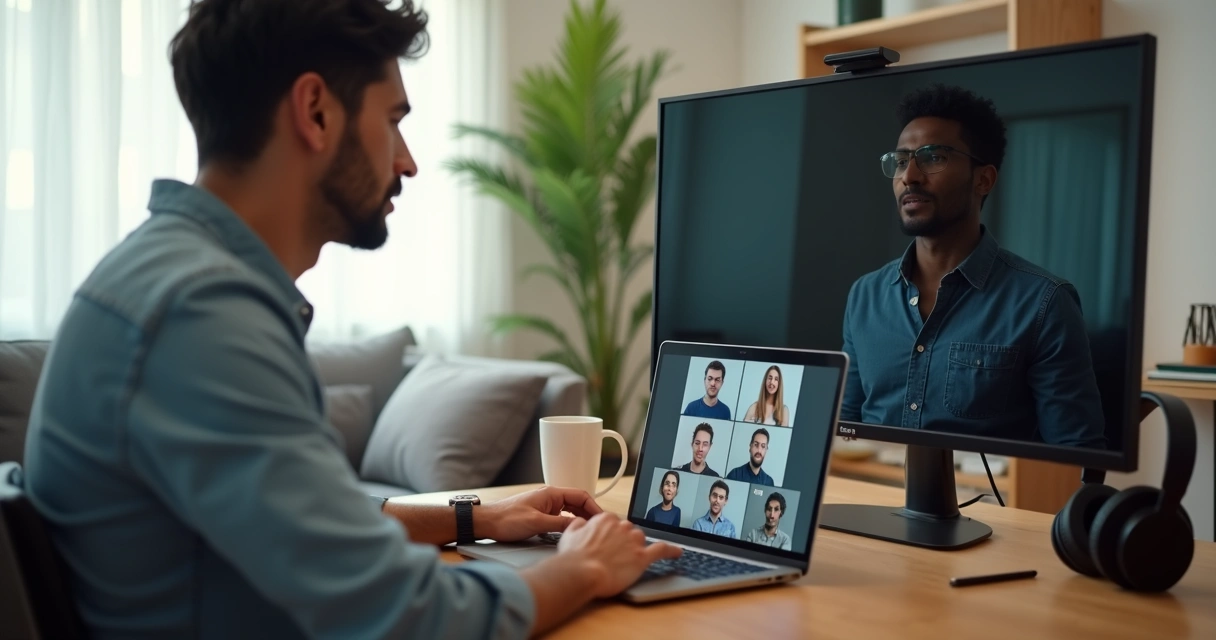 Profissional em reunião online aparentando calma enquanto o reflexo mostra tensão