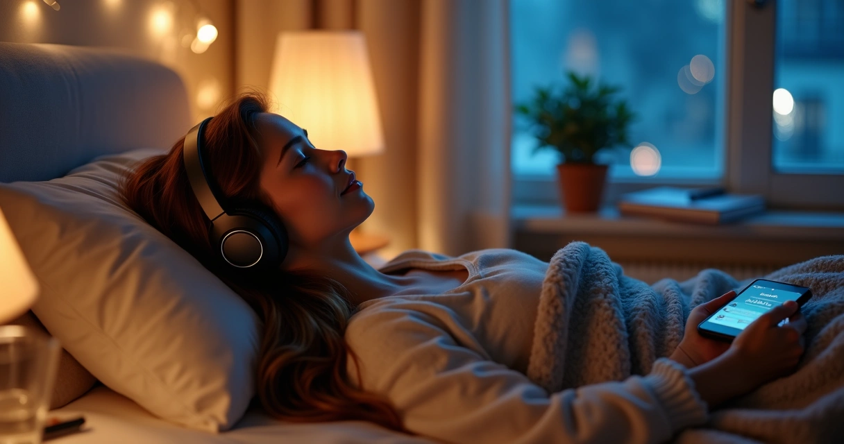 Mulher deitada na cama escutando música com fones e cenário noturno calmo