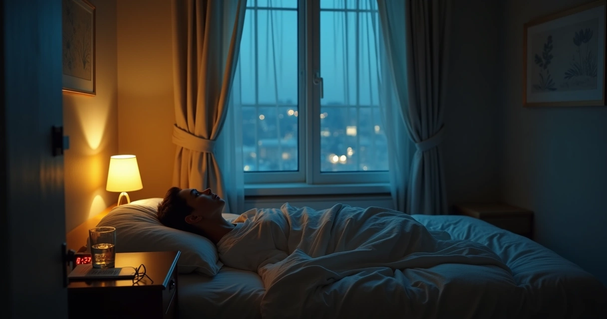 Quarto escuro à noite com silhueta acordada olhando o teto