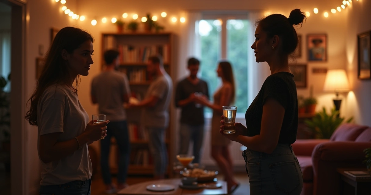 Três pessoas em uma festa mostrando timidez, ansiedade social e fobia social