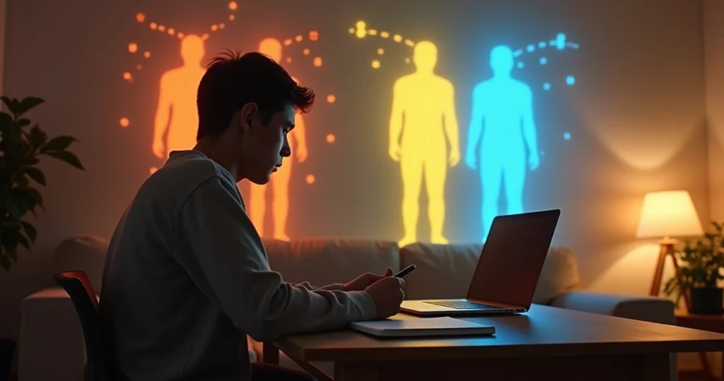 Adulto olhando três silhuetas coloridas projetadas na parede representando tipos de desgaste mental