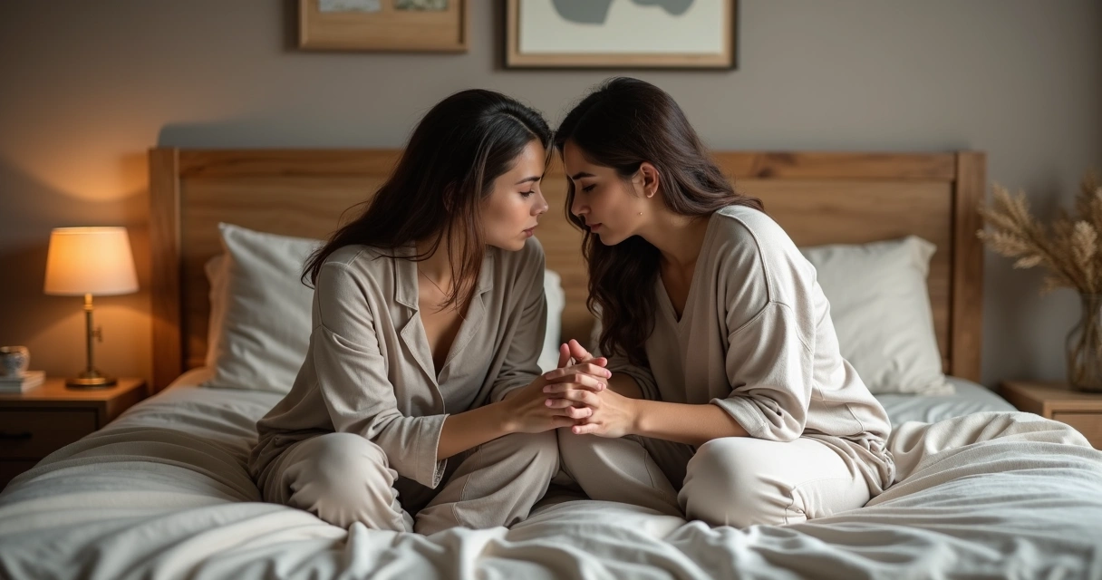 Casal sentado na cama conversando sobre ansiedade na intimidade