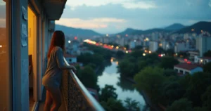 Pessoa em varanda observando cidade misturada à natureza sob céu meio claro meio poluído