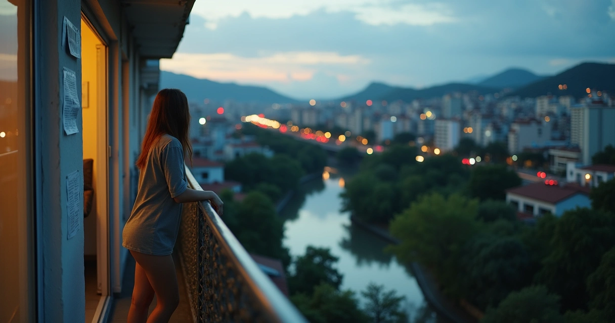 Pessoa em varanda observando cidade misturada à natureza sob céu meio claro meio poluído