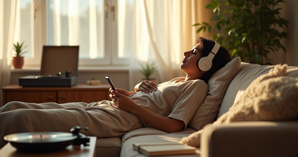 Pessoa adulta relaxando em sofá com fones ouvindo música em sala aconchegante