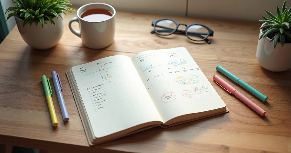 Caderno de bullet journal aberto com anotações coloridas sobre a mesa